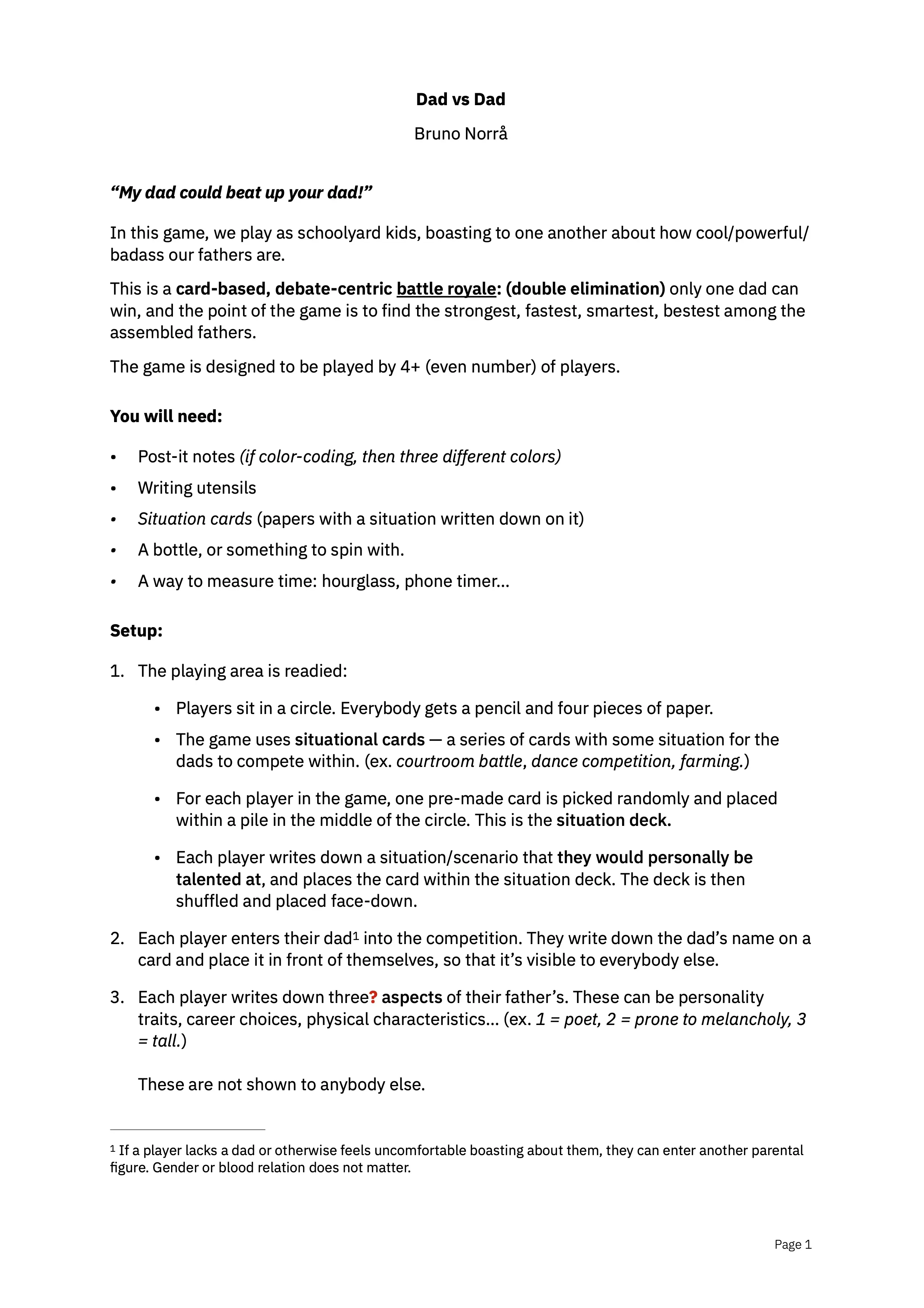 Page 1 of rulebook for Dad vs Dad by Bruno Norrå