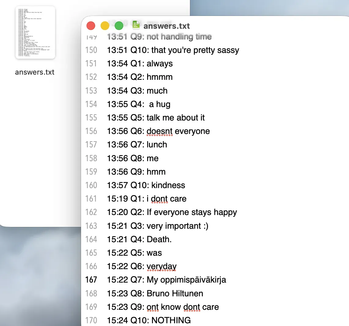 Screenshot of a text file containing secretly recorded answers given by people playing Latecomers!
